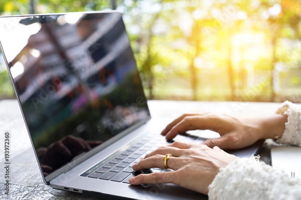 Fototapeta Closeup business woman's hands typing on laptop keyboard on desk with sunlight.