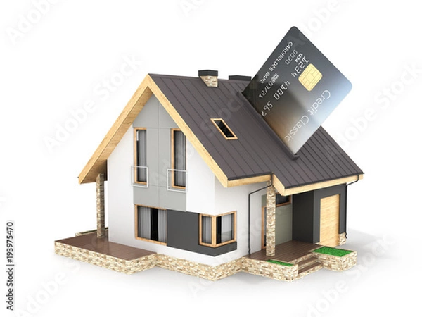 Fototapeta Concept of purchase or payment for housing Illustration of a house as a pos terminal with credit card isolated on white background 3d render
