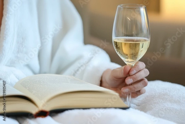 Obraz バスローブで読書とワイン