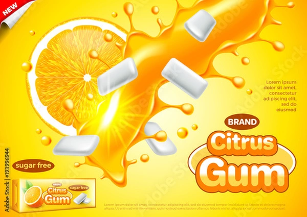 Fototapeta Citrus gum ads. Orange in juice splashes vector background