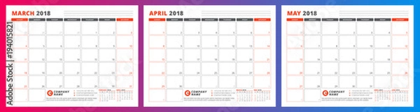 Fototapeta Calendar planner template for spring 2018. March, April, May. Design print vector template