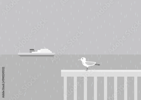 Obraz 霧雨と水平線とカモメ