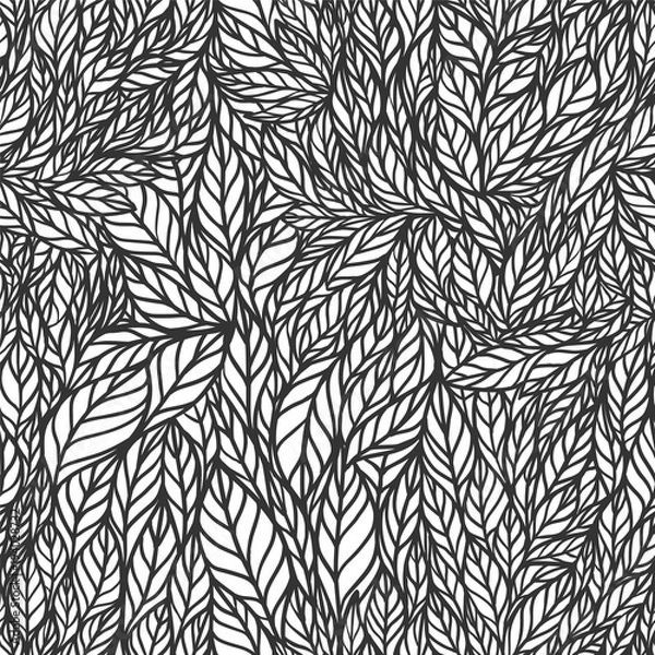 Fototapeta seamless pattern - linear doodle leaves