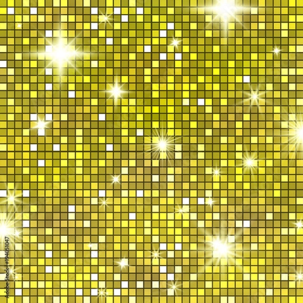 Fototapeta Disco ball party pattern, shining and gleaming golden squama mosaic texture for celebration banners, glamorous presentations, club style posters, events. Cabaret luxurious background.