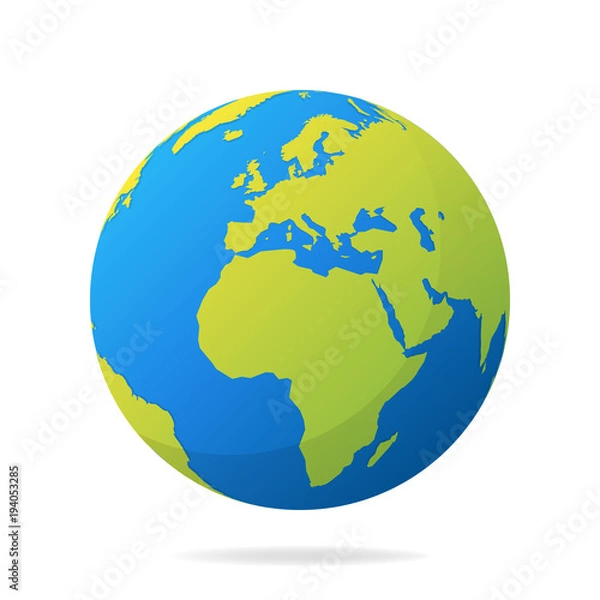 Fototapeta Earth globe with green continents. Modern 3d world map concept. World map realistic blue ball vector illustration