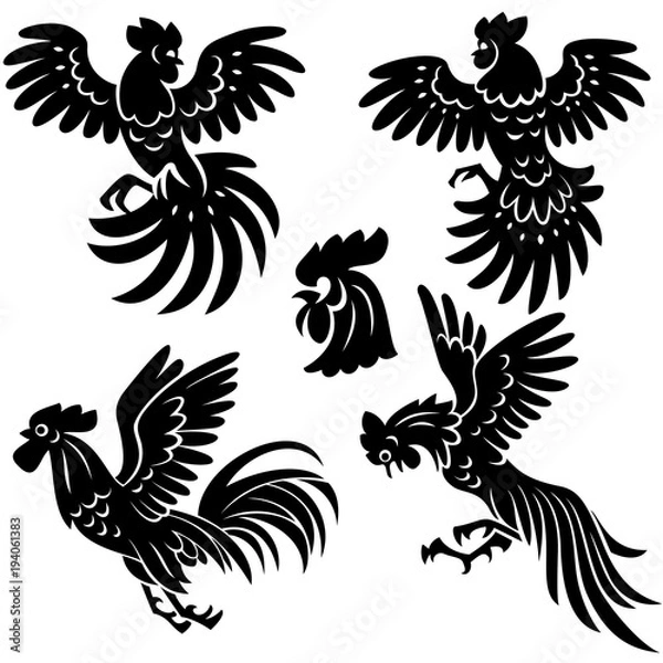 Fototapeta A set of illustrations of flying Chinese cocks. Isolated on a white background.