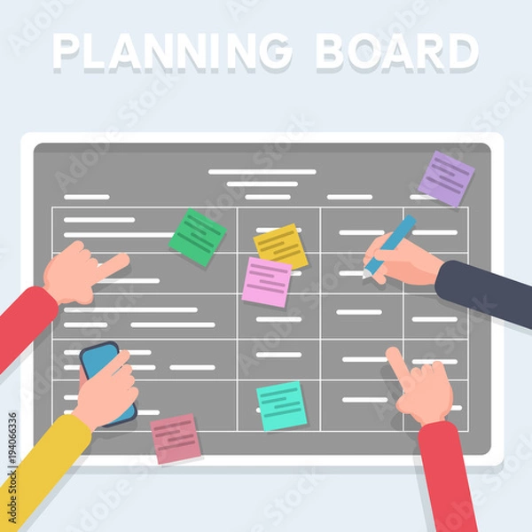 Fototapeta Business software development team planning iterations together. Scrum methodology task board full of tasks on sticky note cards. Hands sticking writing on blackboard.