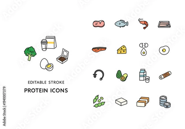 Obraz タンパク質を含む食べ物のアイコンセット