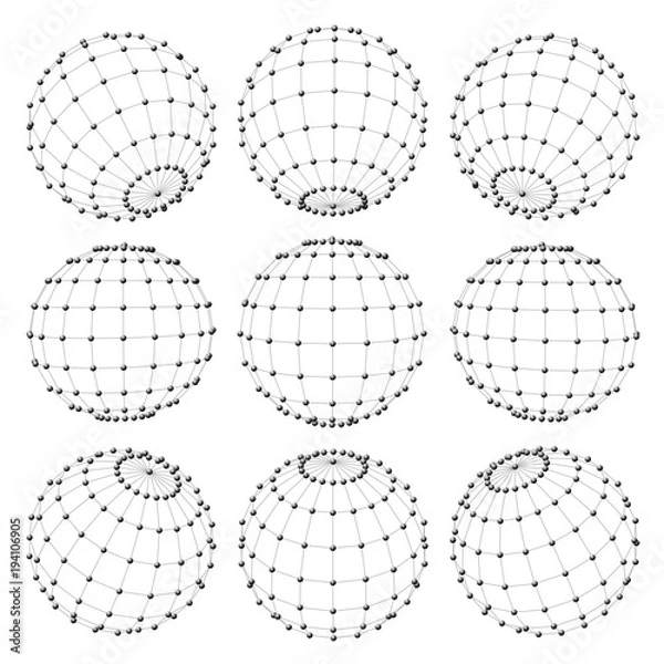 Fototapeta Set of 3d spheres globe earth grid from different sides. Horizontal and vertical lines, latitude and longitude. Neural information concept. Vector globe