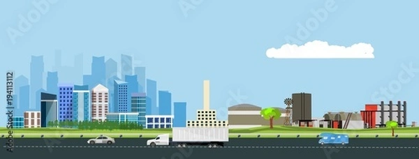 Fototapeta Urban landscape with large modern buildings and industrial suburbs with industrial buildings, factories. Street, road with cars. Concept city life.