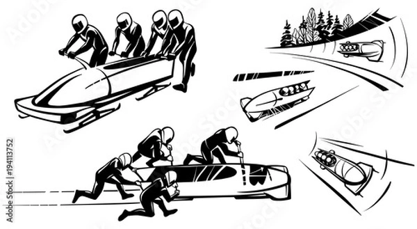 Fototapeta Bobsleigh and four athletes in perspective. Hand drawn illustration
