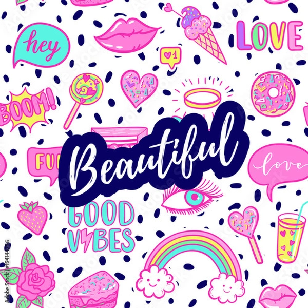 Fototapeta Beautiful greeting card, fashion poster. Hand drawn fashion pink color patches: rainbow, doughnut, cat, macaron, cake, lollipop seamless pattern. Vector pop art sticker, patches pin 80s-90s style.