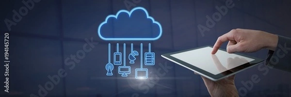 Obraz Hand holding tablet with cloud icon and hanging connection