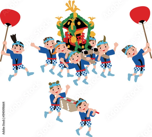 Obraz 日本の伝統行事。お神輿、賽銭箱を担ぐ子供たちのイラスト