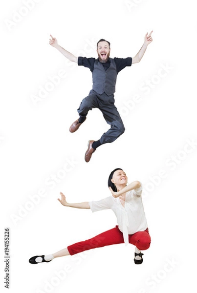 Fototapeta Lindy hop or rock'n'roll dance boogie woogie. Boogie acrobatic stunt in a studio background. Dance for rock-n-roll music.