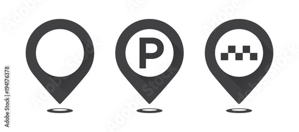 Fototapeta Set of gray map pointers. Map pointer, map parking pointer, map taxi pointer.