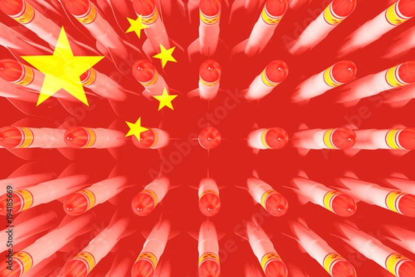 Fototapeta Chinese flag with atomic missiles in the background. 3d illustration