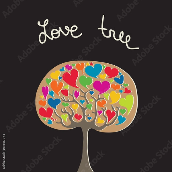 Fototapeta Abstract love tree. Vector heart tree. Stylized colorful tree on black background