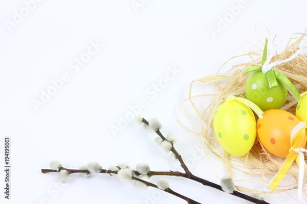 Obraz Wielkanoc - Kolorowe pisanki i bazia - białe tło