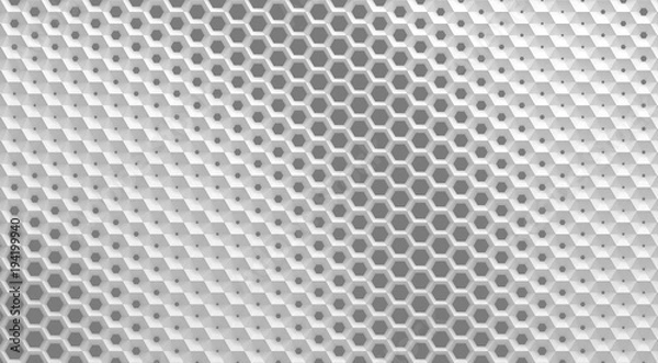 Fototapeta The white grid of cells in the form of hexagonal honeycombs with different diameter, which go from larger to smaller and in reverse. 3d illustration