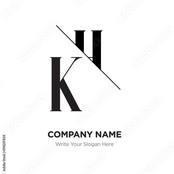 Fototapeta Abstract letter KH,HK logo design template, black&white Alphabet initial letters company name concept. Flat thin line segments connected to each other