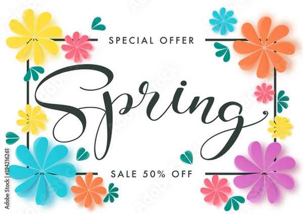 Fototapeta Illustration of Spring sale banner design with paper art of flower and butterfly.Vector eps 10.