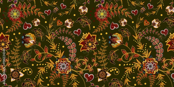Fototapeta Seamless floral pattern. Hand draw vector Illustration. Seamless background with flowers. Bright colorful flowers on green backdrop.