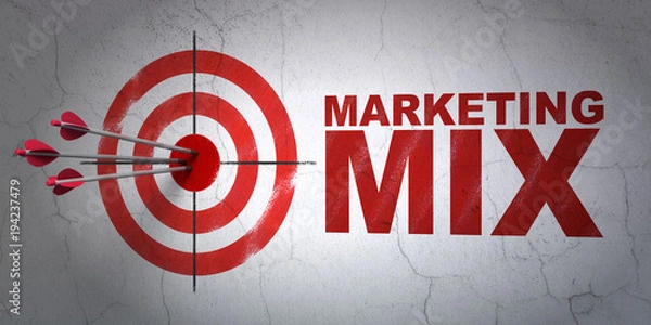 Fototapeta Success marketing concept: arrows hitting the center of target, Red Marketing Mix on wall background, 3D rendering