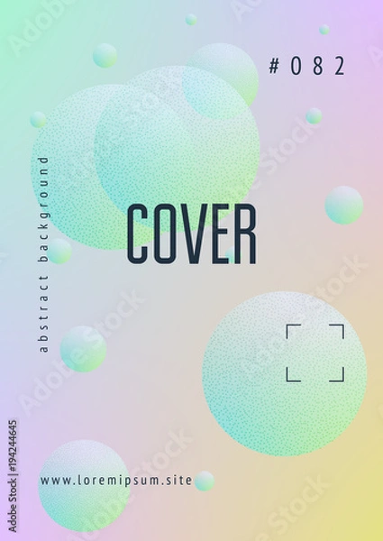 Fototapeta Fluid poster with round shapes and halftone dots texture. Gradient circles on holographic background. Modern template for covers, banners, flyers, presentations. Minimal fluid poster in neon colors.