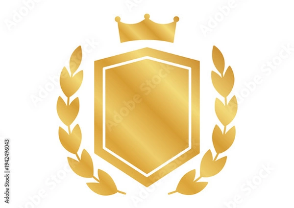 Obraz ゴールドのエンブレム・ 盾と月桂冠と王冠・ランキング用バッジ・優勝・受賞・プレミアム・品質保証