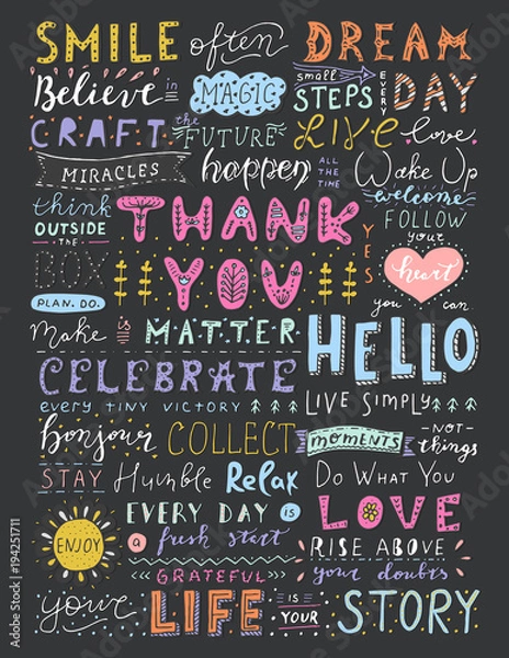 Fototapeta Wyjątkowa kolekcja kaligrafii o życiu, miłości i marzeniach. Śmieszne napisy na tle tablicy. Ilustracji wektorowych.