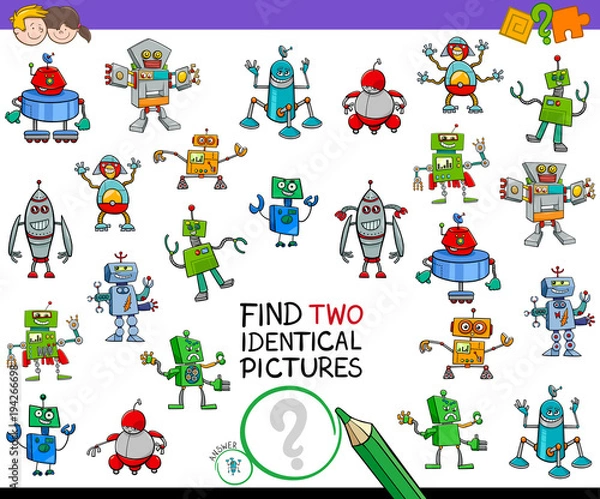 Fototapeta find two identical robots educational activity