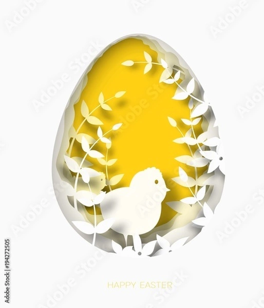 Obraz 3d abstract paper cut illustration of colorful paper art easter chicken, grass, flowers and yellow egg shape.