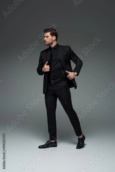 Fototapeta Young stylish man posing in formal suit on grey