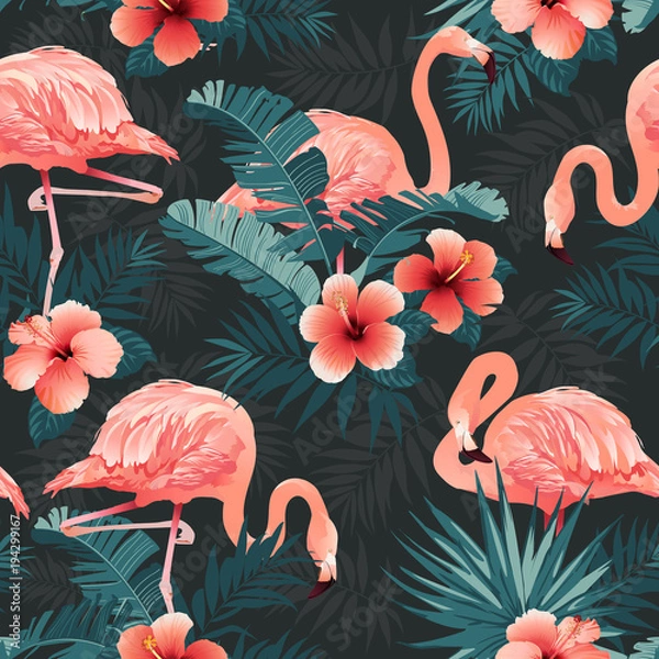 Obraz Piękny ptak Flamingo i tropikalne kwiaty w tle. Wektor wzór.