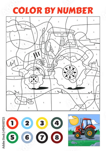 Fototapeta Color by Number is an educational game for children. Red Tractor.