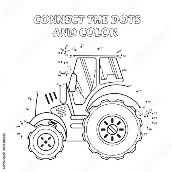 Fototapeta Numbers game, educational connect the dots game for children, Tractor Side View.