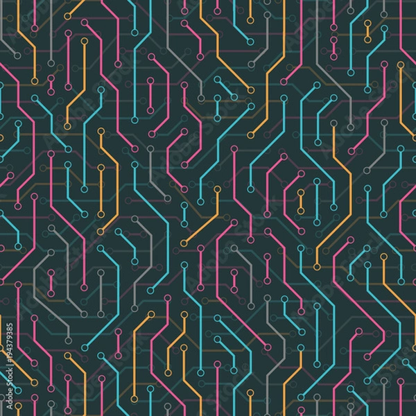 Fototapeta Technology seamless pattern from colored lines connections. Abstract information connectivity background. IT-development conception. Neural structure. Vector illustration