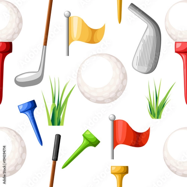 Fototapeta Seamless pattern of golf balls on different color tee and various golf clubs green grass golf course vector illustration isolated on white background web site page and mobile app design