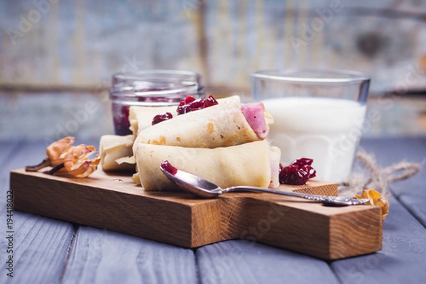 Fototapeta pancakes with cherry jam