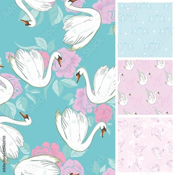 Fototapeta Seamless pattern flock of swans swim. Vector illustration. All elements are not cropped and hidden under mask. You will find a pattern to create scuffs in the file.