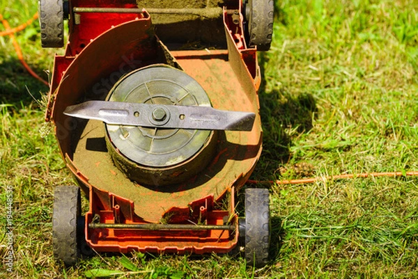 Fototapeta Broken old lawnmower in backyard grass