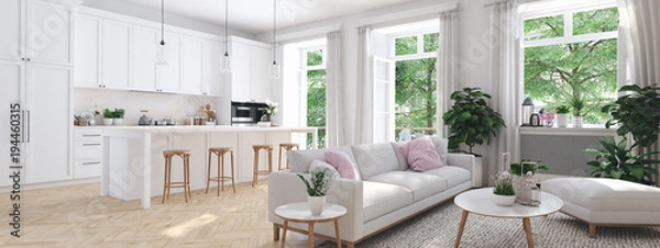 Obraz nowoczesny salon w kamienicy. Renderowanie 3d
