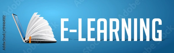 Obraz Koncepcja e-learningu - laptop jako książka na niebieskim banerze ze słowem E-LEARNING