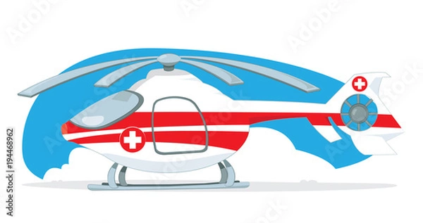 Fototapeta a vector cartoon representing a red and white medical helicopter, with rescue cross on it, standing on the ground. Light blue sky and some clouds on the background. Propellers are turned off