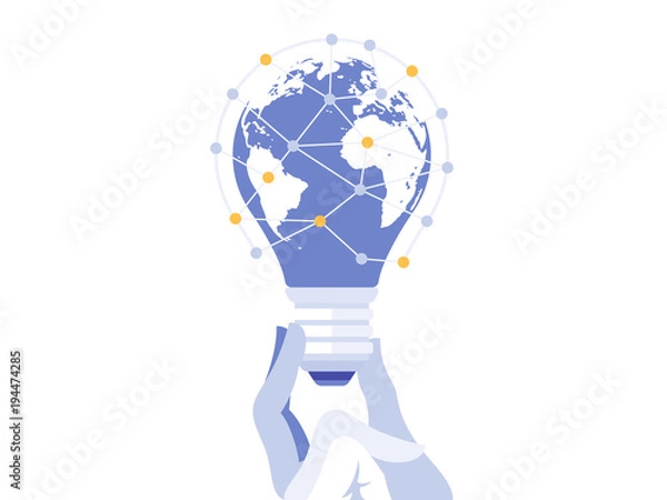 Fototapeta Creative light bulb with world map. Global idea concept vector illustration