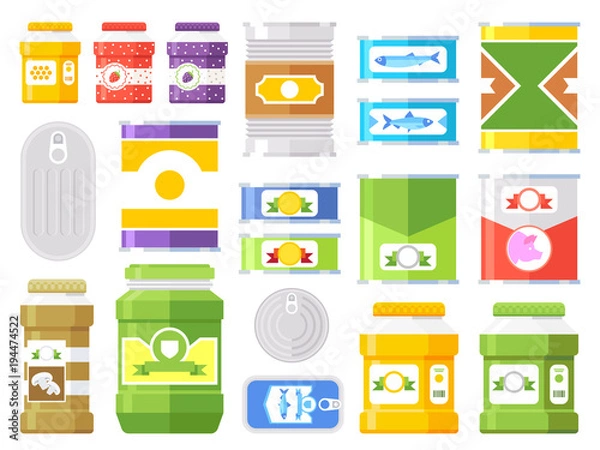 Obraz Canned goods isolated on white background. Vector illustration