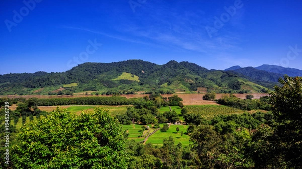 Fototapeta kok river in the middle between mountain and forest in foreground with  blue sky in background