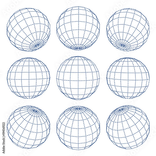 Fototapeta Zestaw sfer 3d siatki glob ziemi z różnych stron. Linie poziome i pionowe, szerokość i długość geograficzna. Koncepcja informacji neuronowej. Glob wektor