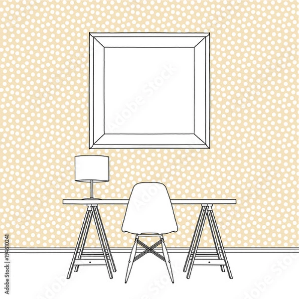 Obraz Sketch drawing of desk with chair and lamp over square blank frame on dotted wallpaper